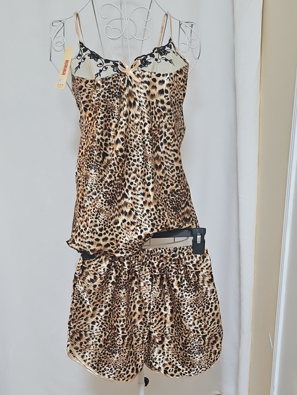 Leopard Print Satin Chemise & Shorts Set - Nude/Black